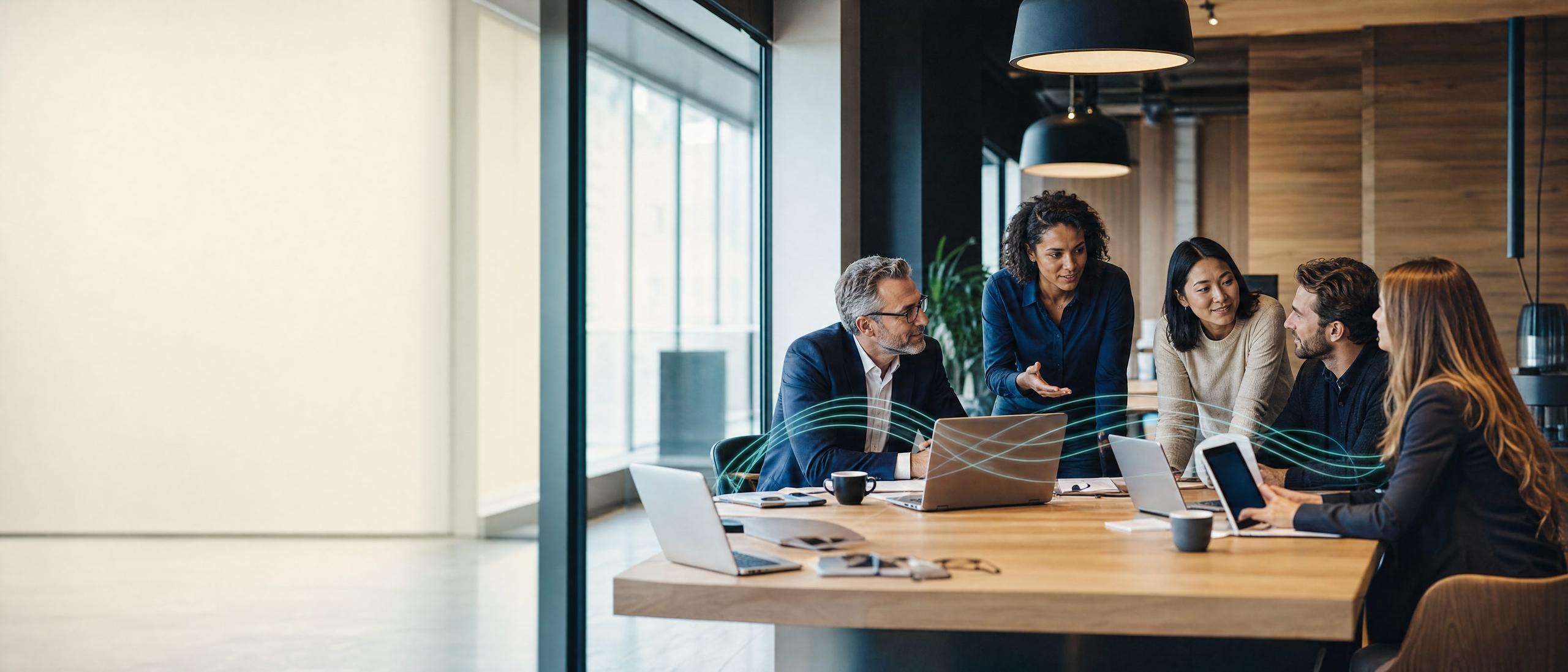 A business team collaborates around a large desk in a bright office, sharing ideas over laptops and notebooks.