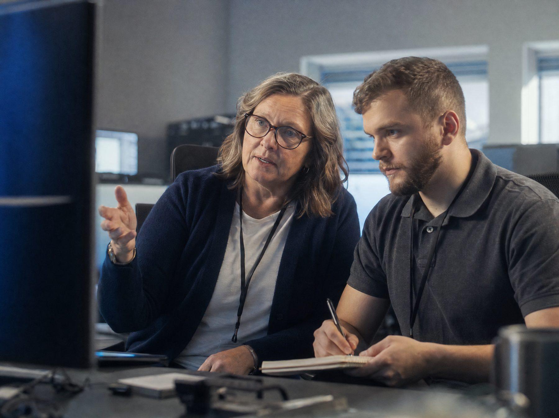 An experienced IT professional and a younger colleague review a service workflow together on a monitor.