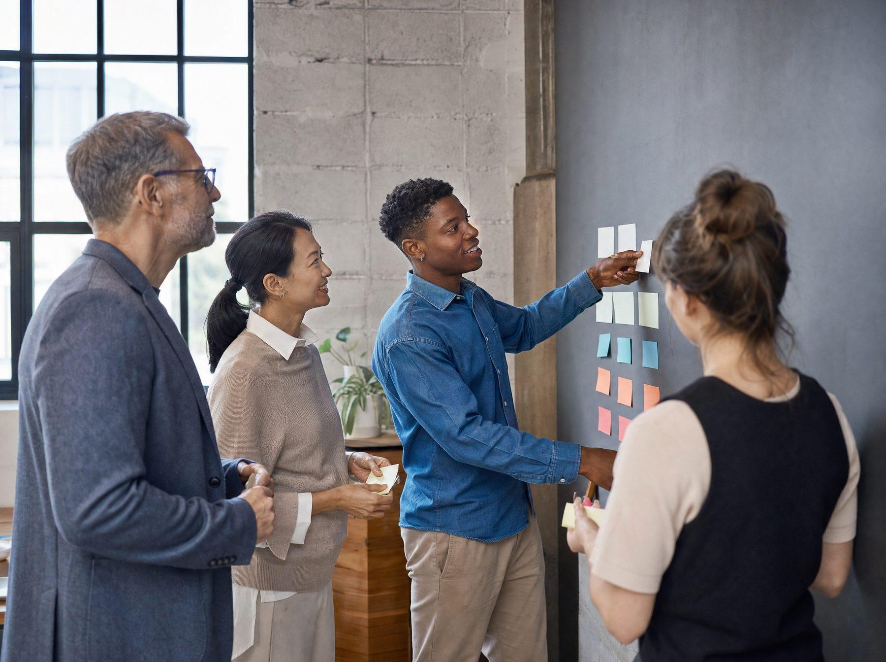 A business owner, office manager and two employees arrange cards on a wall to map out a technology initiative.
