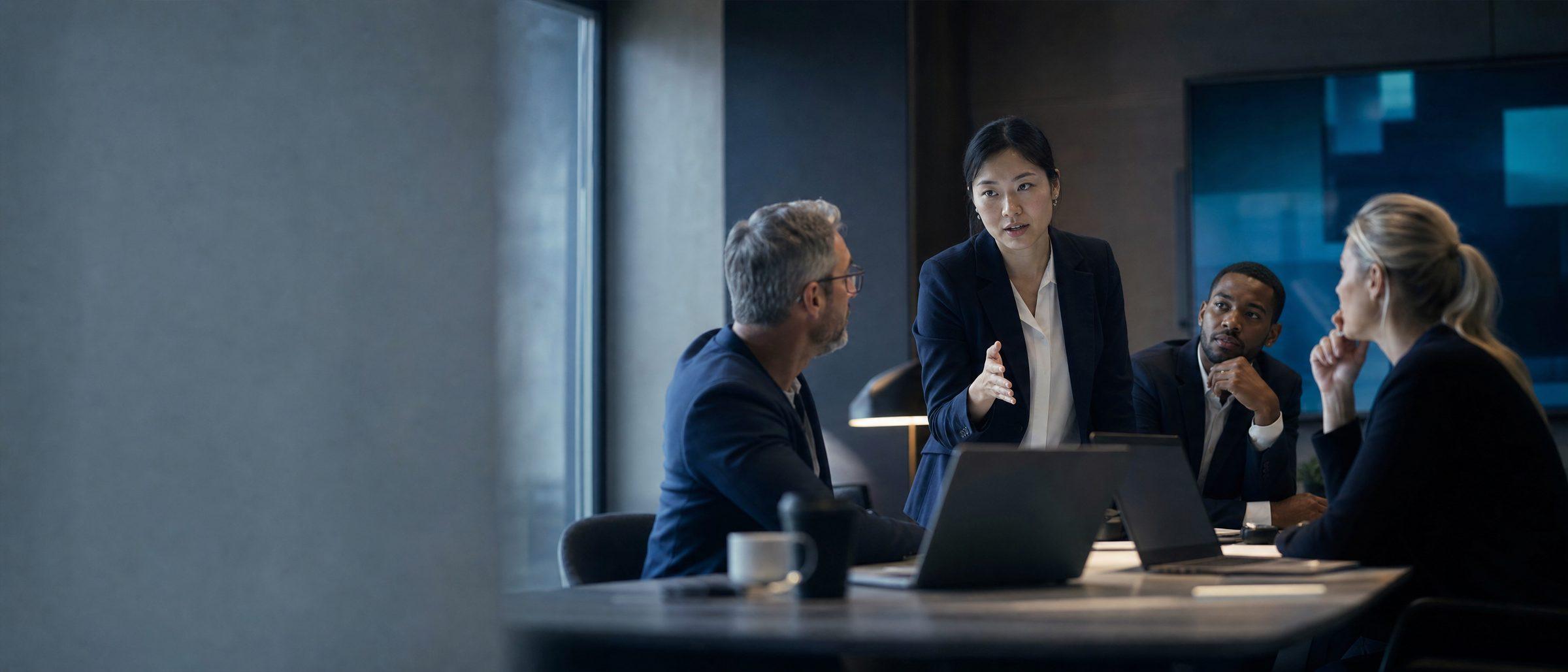 A small response team meets around a conference table, one member standing to lead the discussion while the others listen with laptops open.