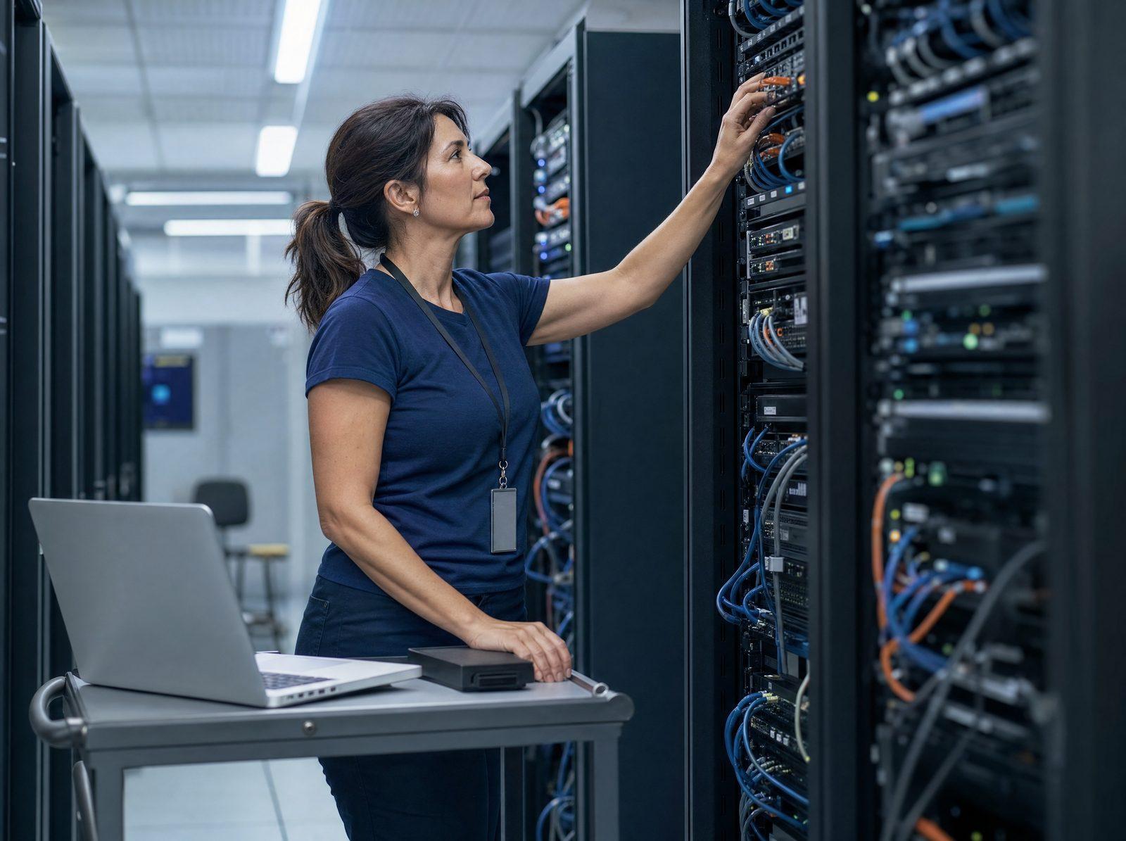 An engineer works methodically on a server rack, with a laptop on a cart beside her.