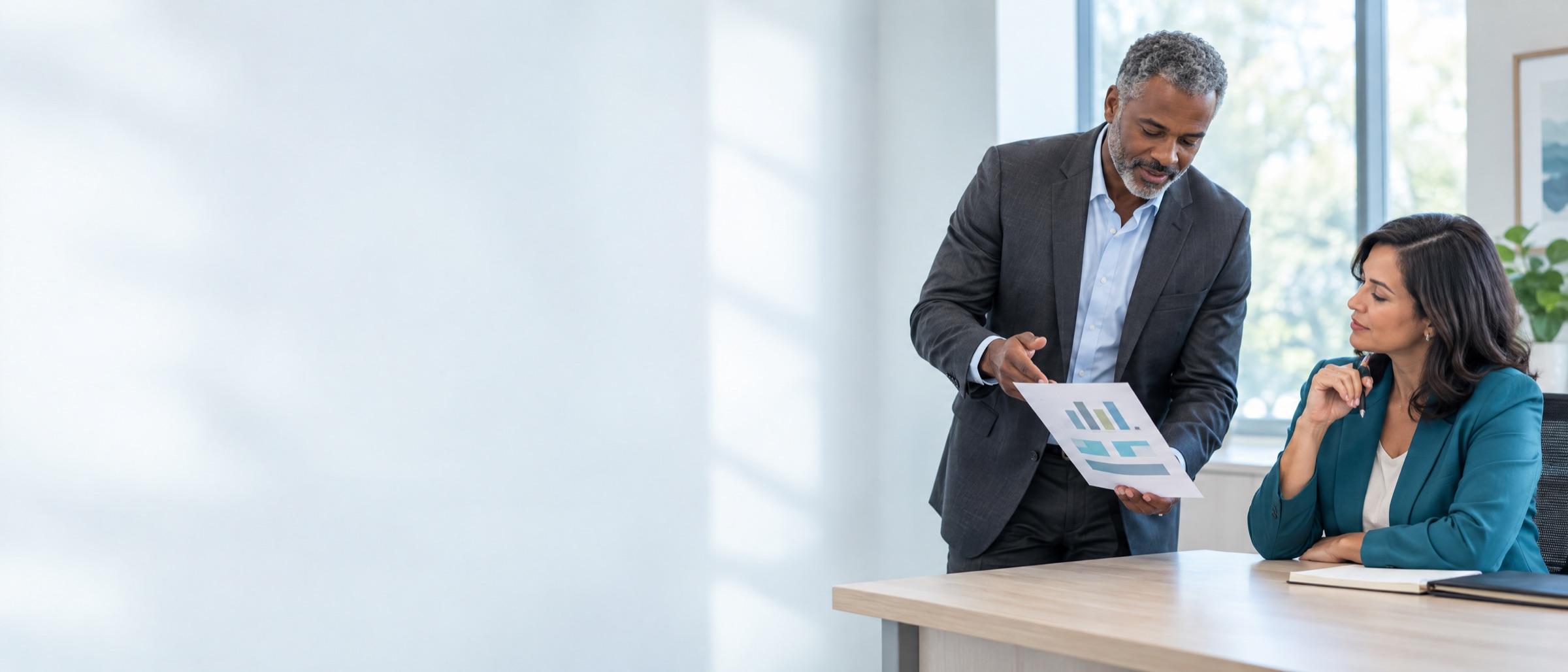 A cybersecurity advisor in his mid-fifties stands and explains a one-page report to a seated health center CEO, who listens attentively.
