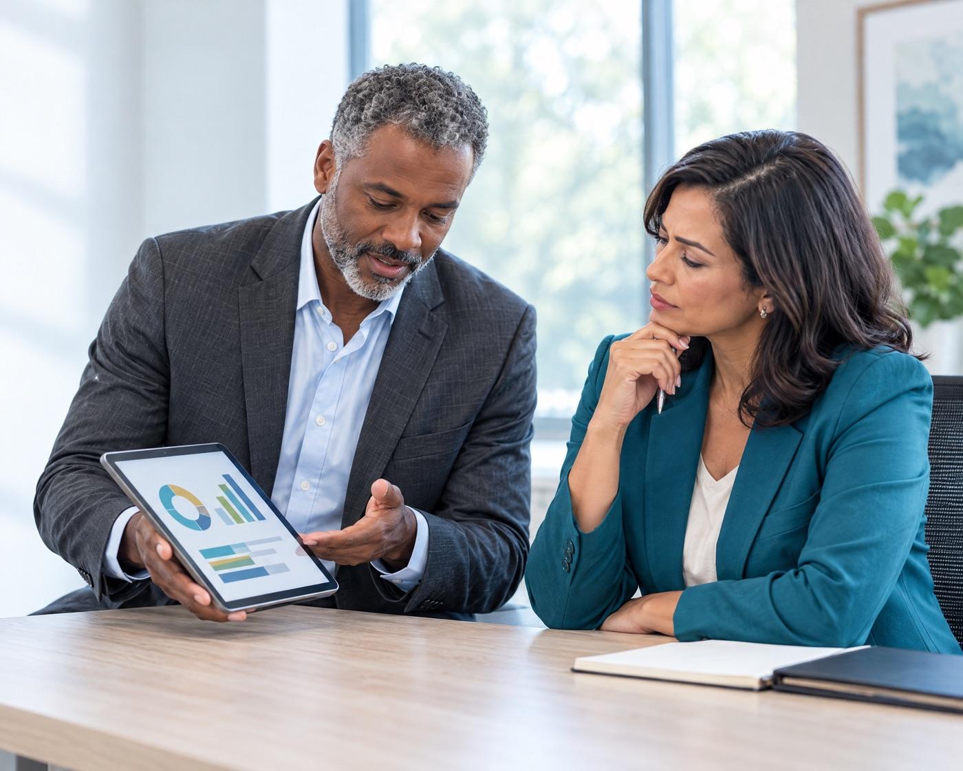 The advisor turns a tablet toward the health center CEO and walks her through a summary of charts while she studies it.