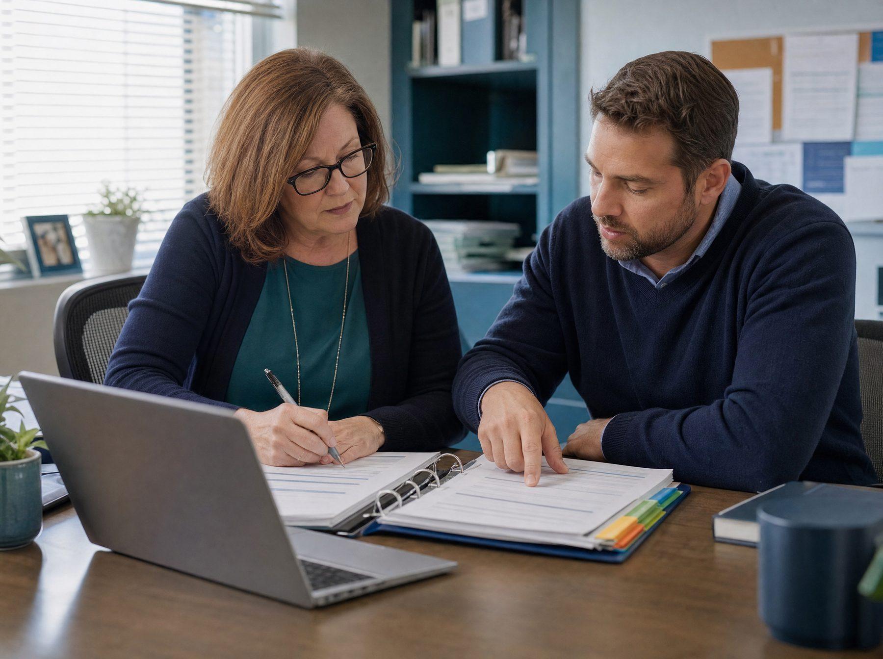 A practice manager and an IT security advisor review a binder of security documentation together at a desk.