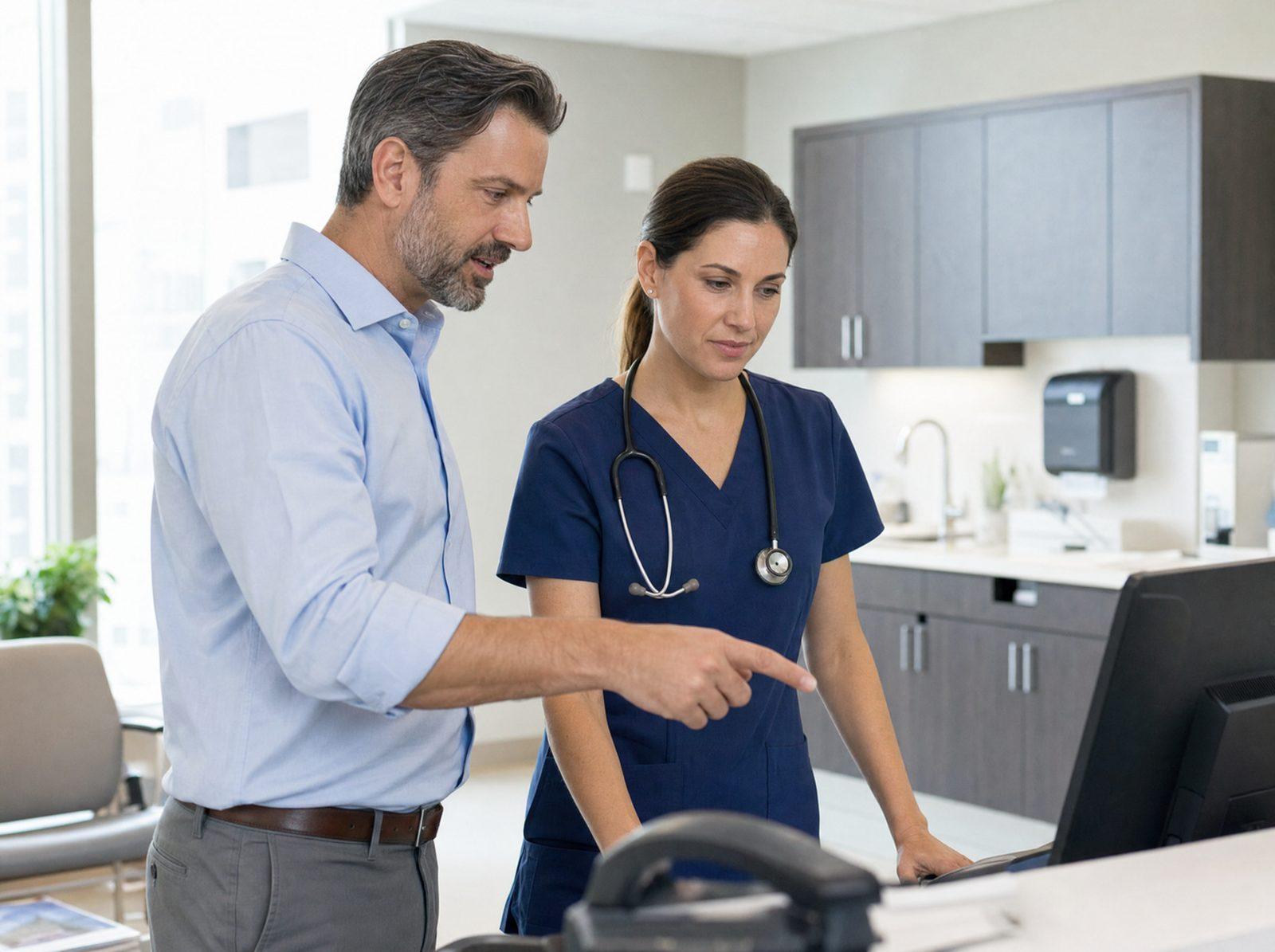 A healthcare administrator and a clinician in navy scrubs discuss something at a workstation in a bright outpatient practice.