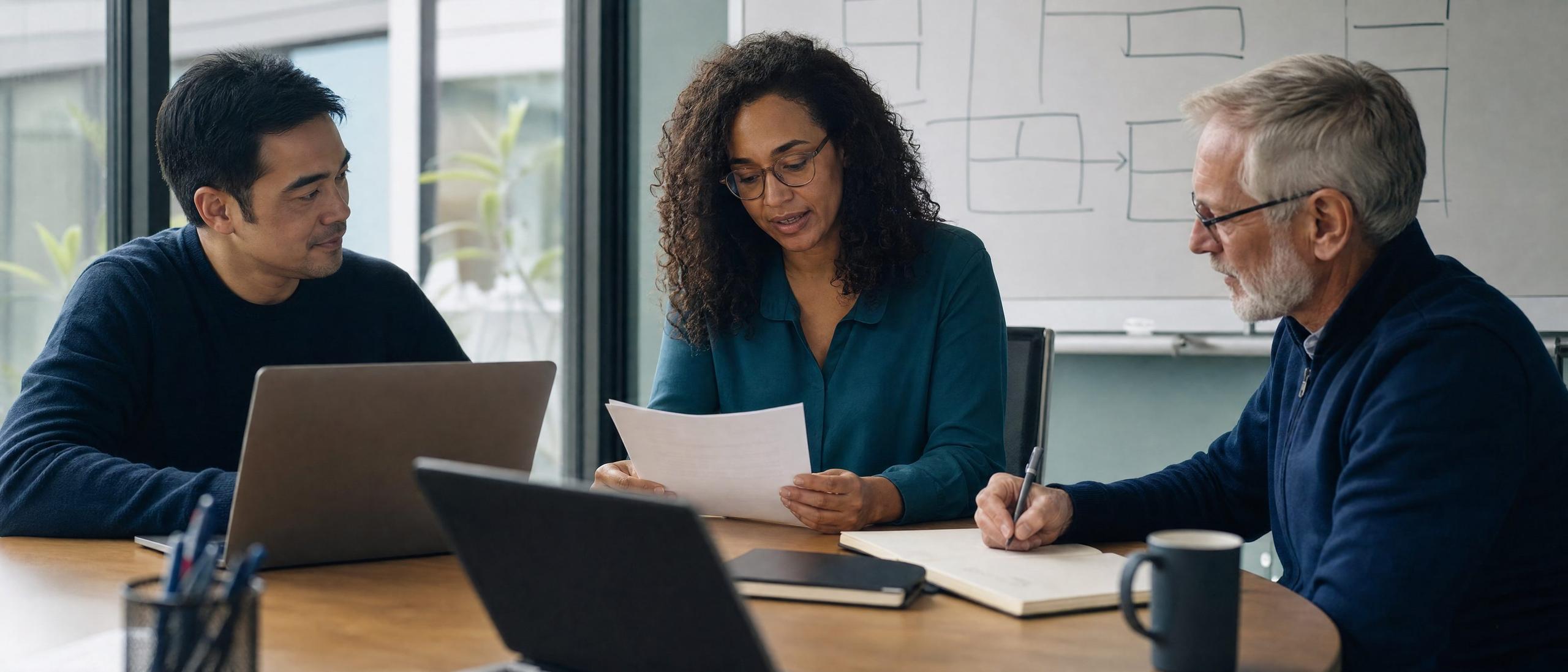 A small team reviews access settings together at a meeting table, one reading a checklist.