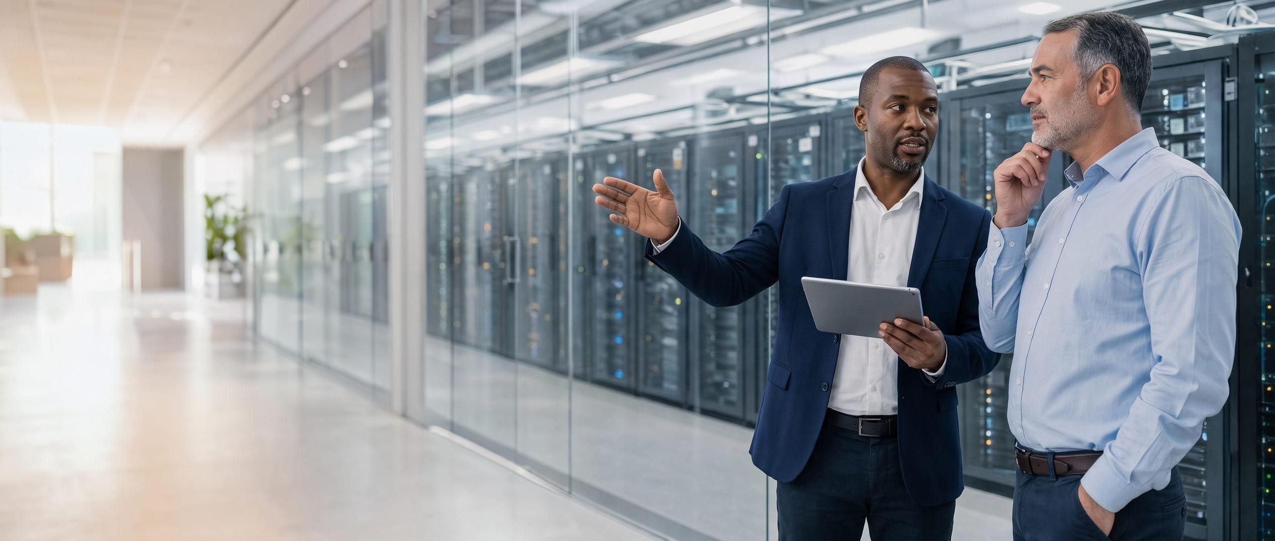 An African American infrastructure architect holding a tablet gestures toward a glass-walled server room while an operations executive listens thoughtfully.