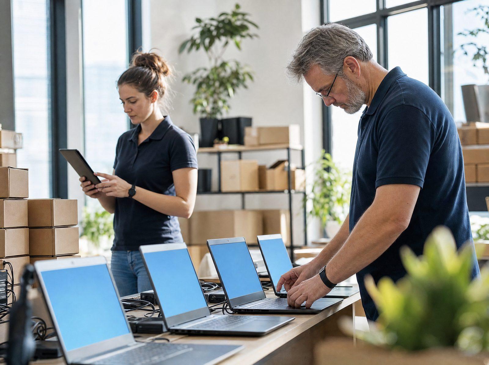 Two IT technicians prepare a row of new laptops during a planned rollout, one checking progress on a tablet.