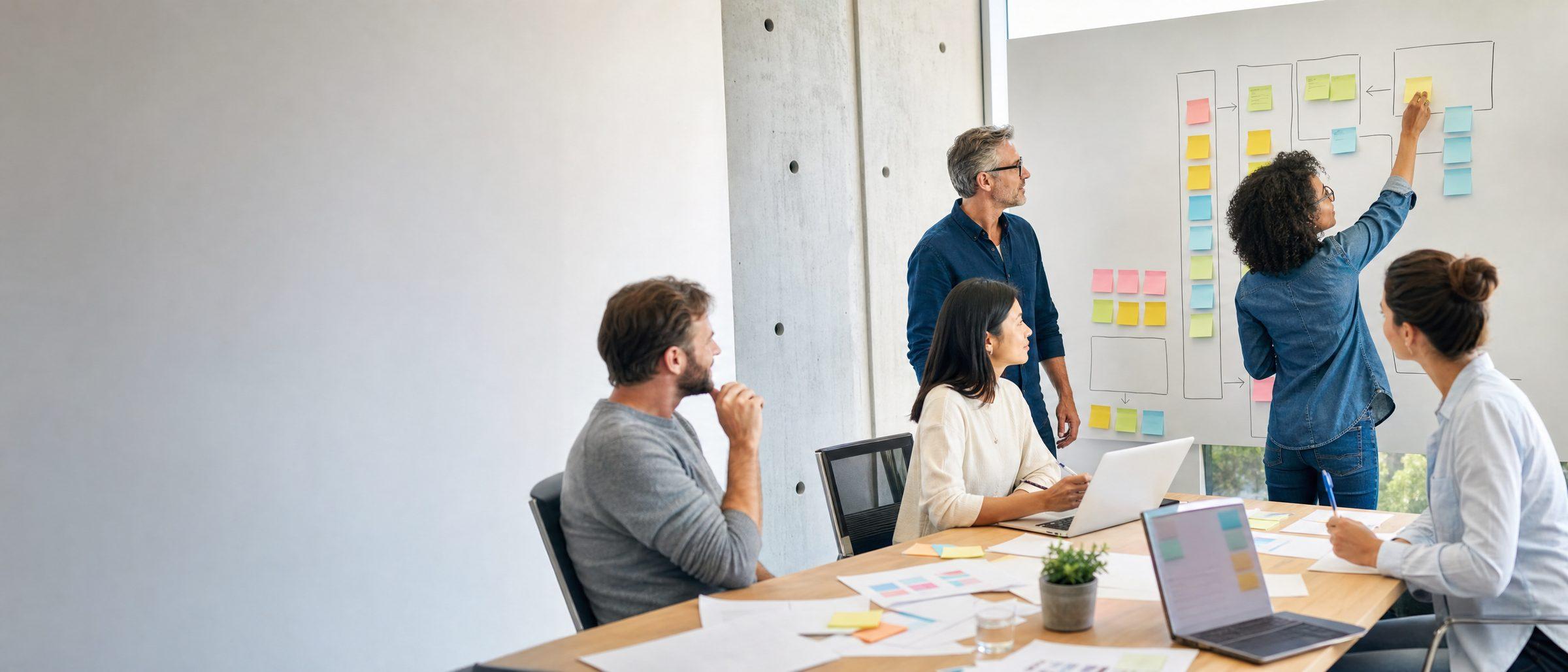 A team plans technology work together around a table and a wall board of sticky notes organized into columns.