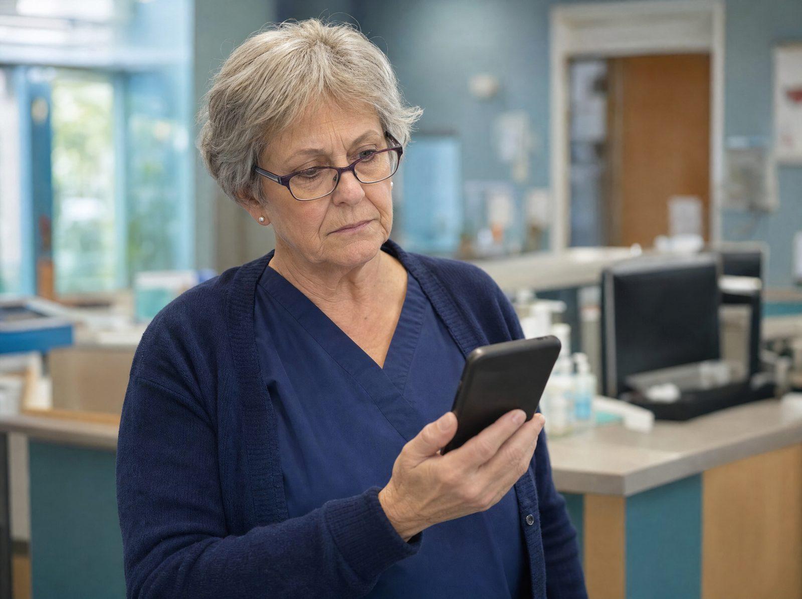 An older nurse in navy scrubs pauses at a nurses’ station to read an unexpected message on her phone, weighing whether to verify it.