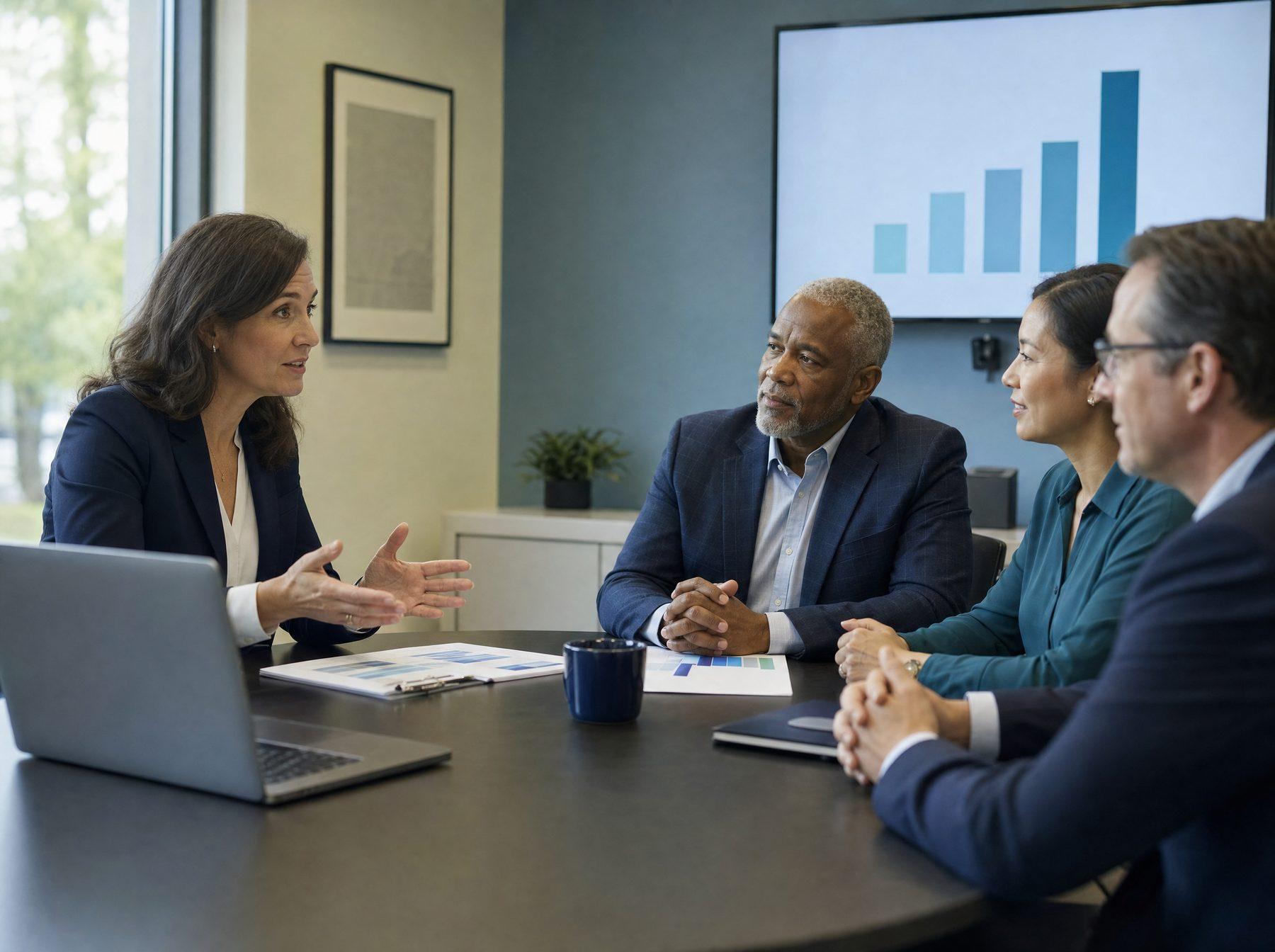 A security advisor walks three healthcare leaders through a quarterly report at a conference table.