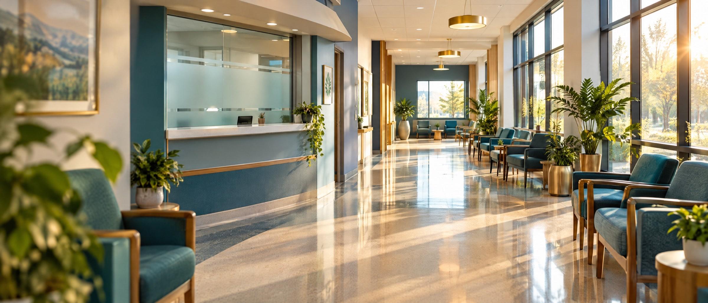 A bright, welcoming community health clinic lobby in morning sunlight: teal chairs, green plants and a frosted check-in window.