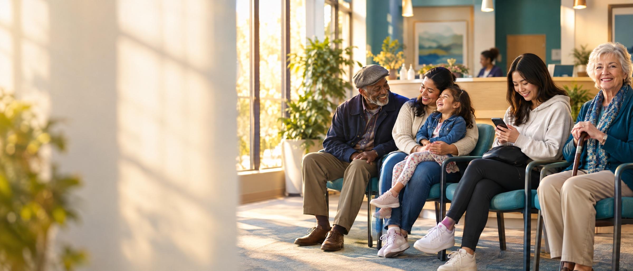 Patients of different ages smile and chat on teal chairs in a sunlit clinic waiting room while a child laughs on her mother’s lap.
