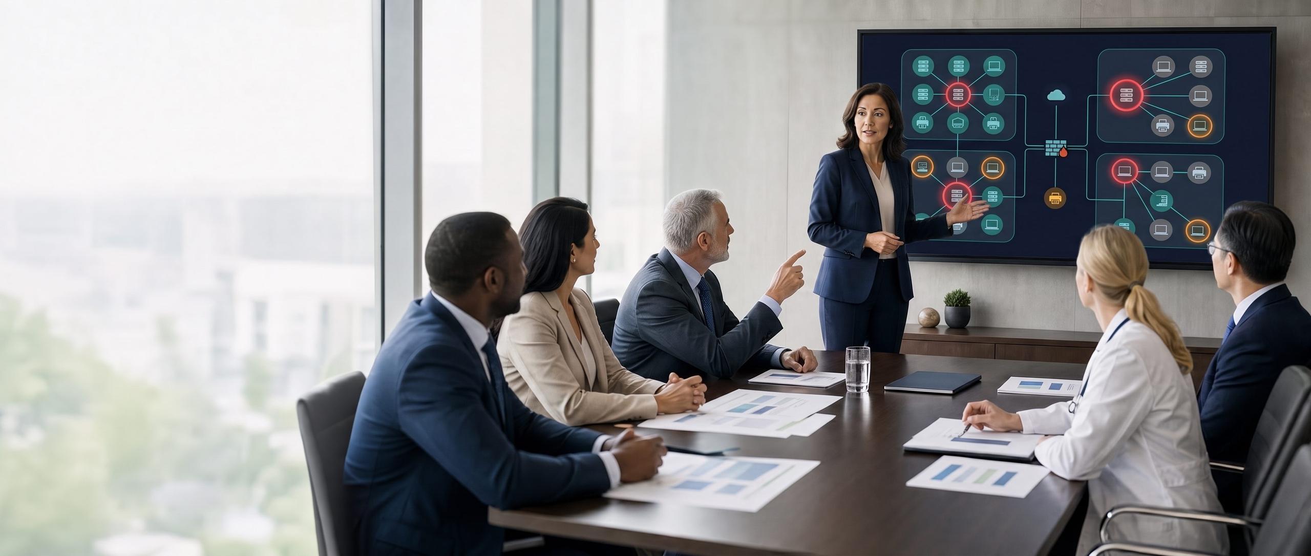 A healthcare executive team, including a physician, receives a cybersecurity briefing from an advisor standing beside a wall display showing a network vulnerability map, with vulnerable devices highlighted.