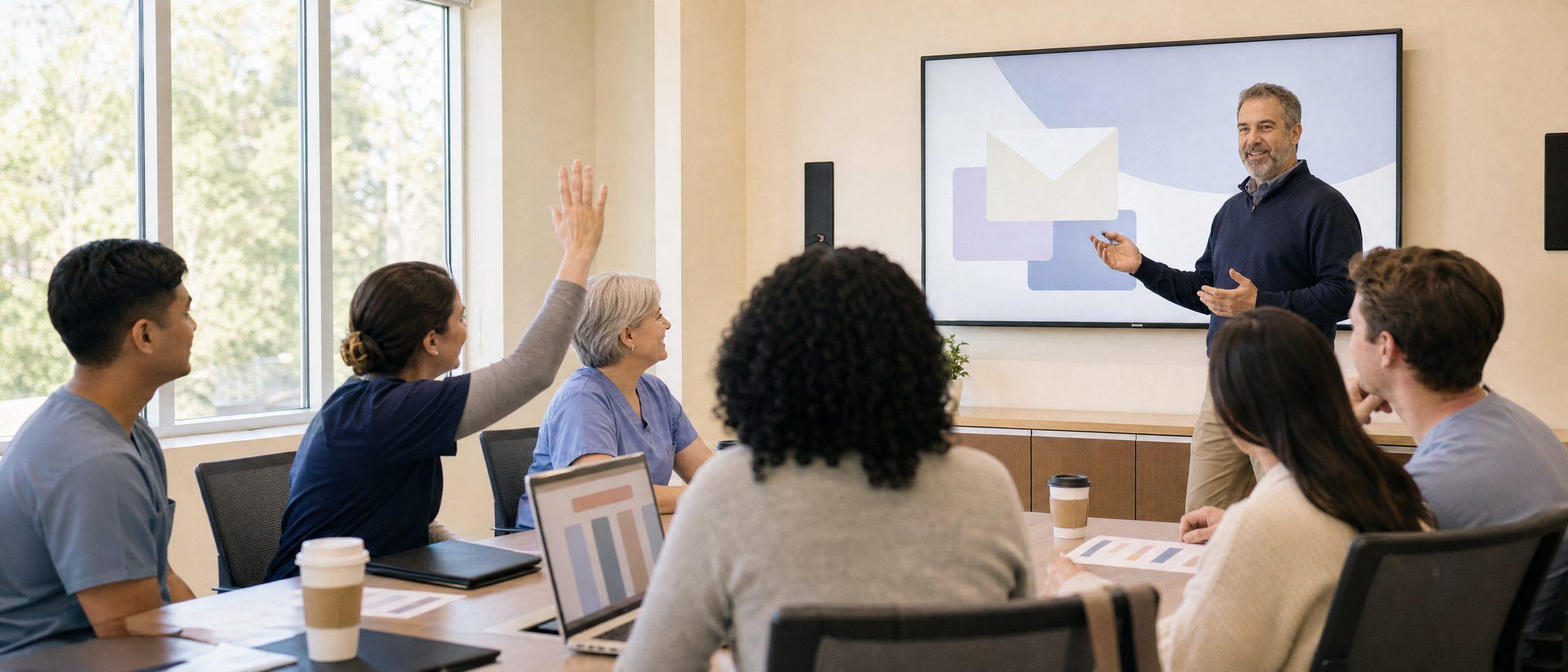 A trainer leads a friendly security awareness session for healthcare staff, some in scrubs, while one attendee raises a hand.