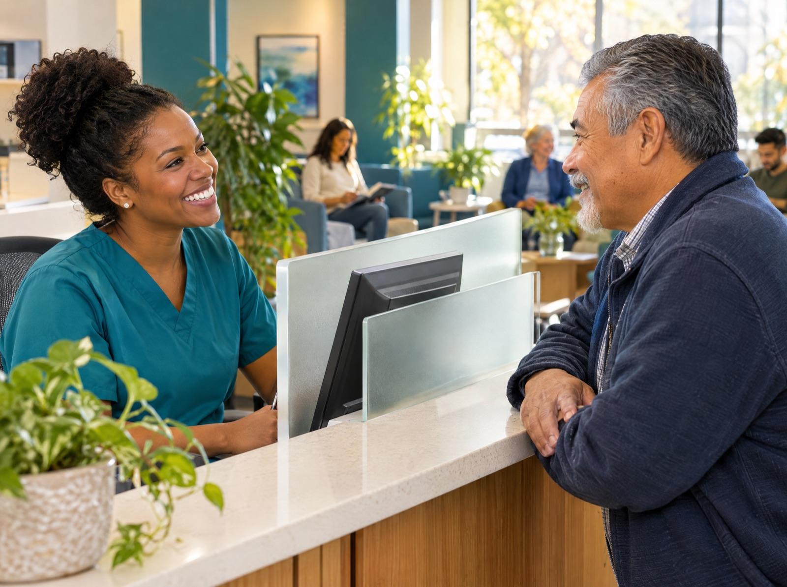 A smiling receptionist in teal scrubs talks with a relaxed patient across a front desk, a frosted-glass partition shielding the conversation from the waiting area.