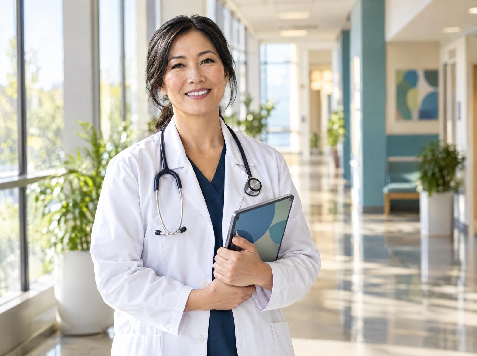 A smiling physician in a white coat stands confidently in a sunlit clinic hallway, holding a tablet against her chest.