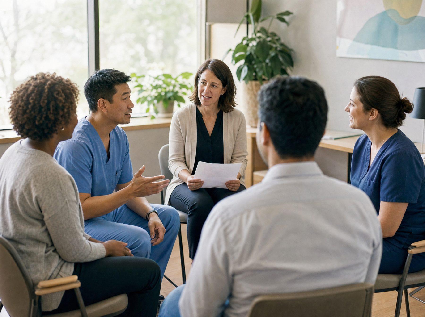 A facilitator leads a relaxed small-group discussion with healthcare staff, some in scrubs, seated in a circle.