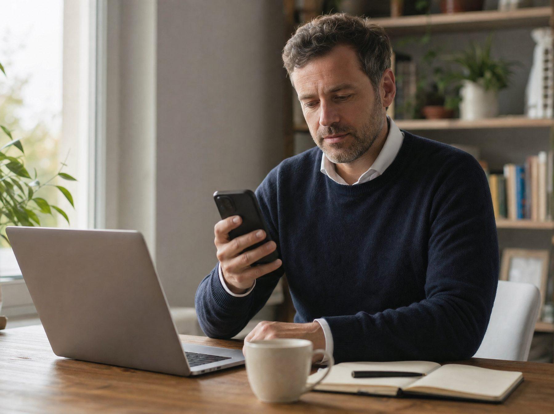 A professional working from a home office pauses to look carefully at a prompt on his phone before responding.